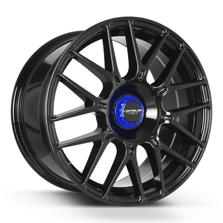 18X8.5 Versus Vs22 Gloss Black Blue Center Cap 5X108/114.3 Set Of 4 1