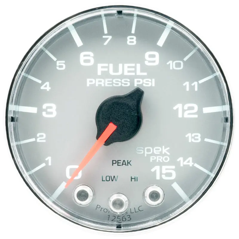 Autometer Spek-Pro Fuel Pressure Gauge – 2-1/16In, 0–15 Psi, Stepper Motor, Peak/Hold & Warning Features, Silver/Chrome Face 1