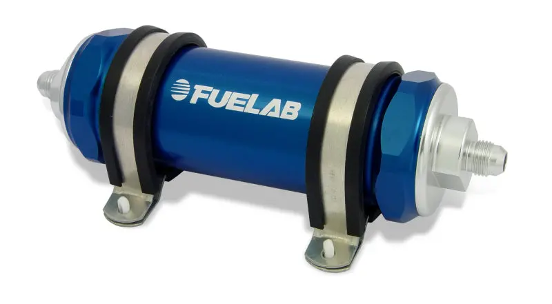 Fuelab 858 In-Line Fuel Filter Long -10An In/Out 100 Micron Stainless W/Check Valve - Blue 1